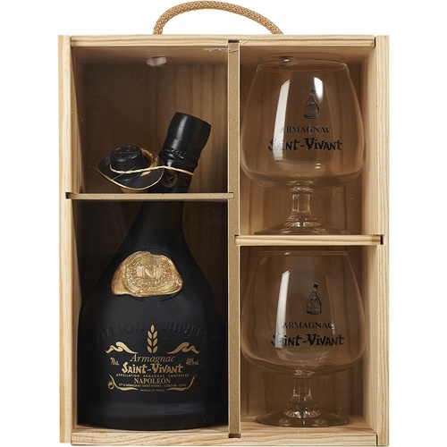 ARMAGNAC NAPOLEON ST VIVANT + 2 VERRES EN CAISSE BOIS 40% 70CL